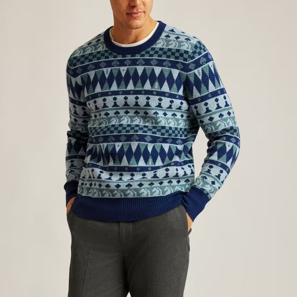 NWT $129 BONOBOS Wool Cards Poker Chess Game Night Blue Crew Neck Sweater MEDIUM - Picture 5 of 5